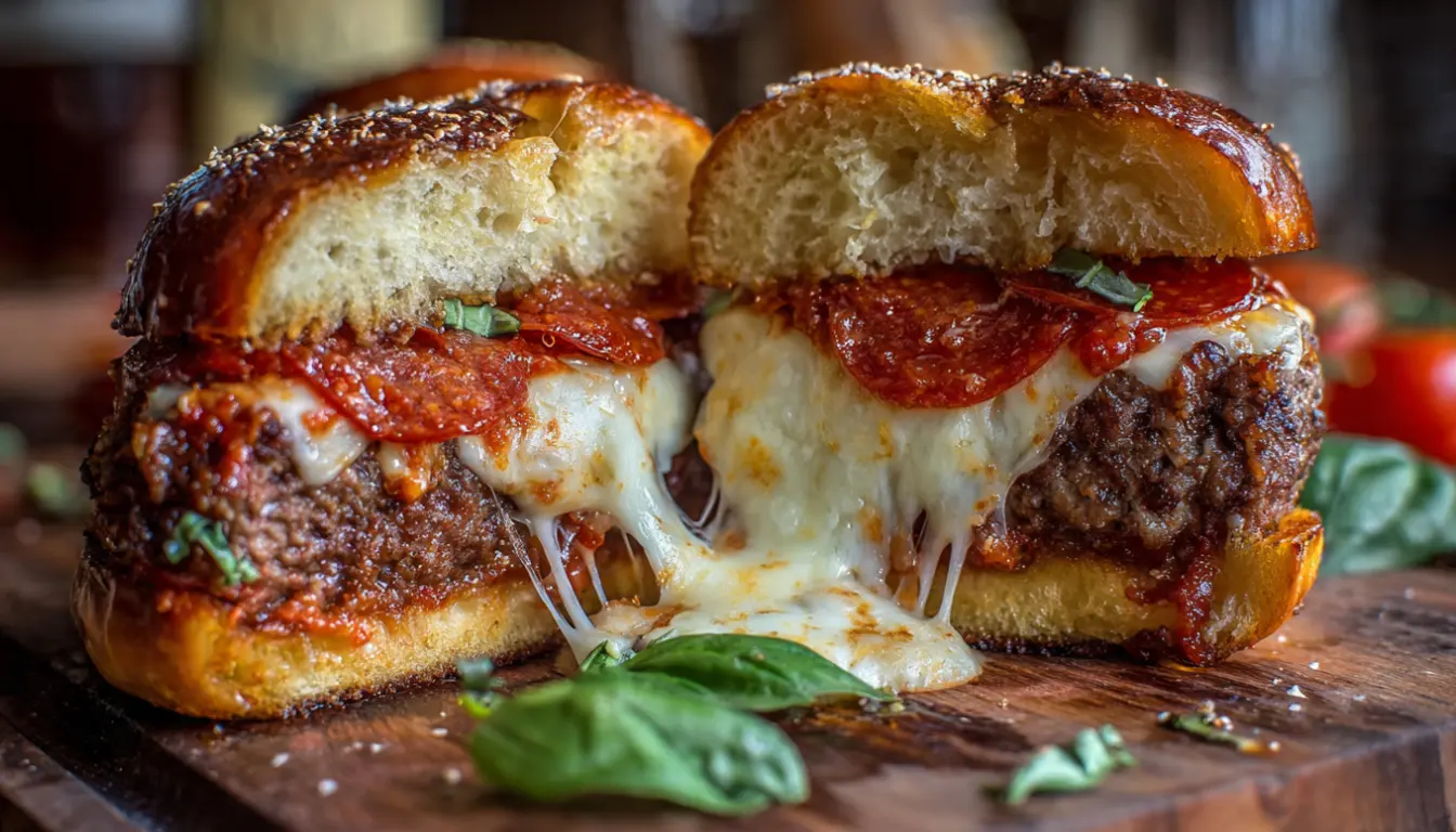 Homemade pizza burger cut in half showing melted mozzarella cheese stretching between burger halves with pepperoni and pizza sauce toppings