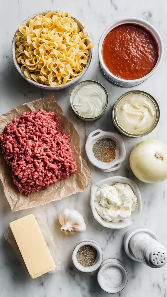 All ingredients for Poor Man's Husband Casserole including ground beef, egg noodles, cream of mushroom soup, sour cream, and cheddar cheese