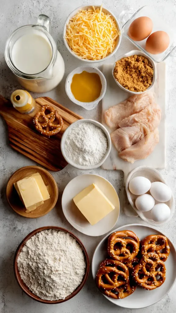 Ingredients for pretzel chicken recipe including chicken breasts, pretzels, cheddar cheese, and mustard arranged on counter