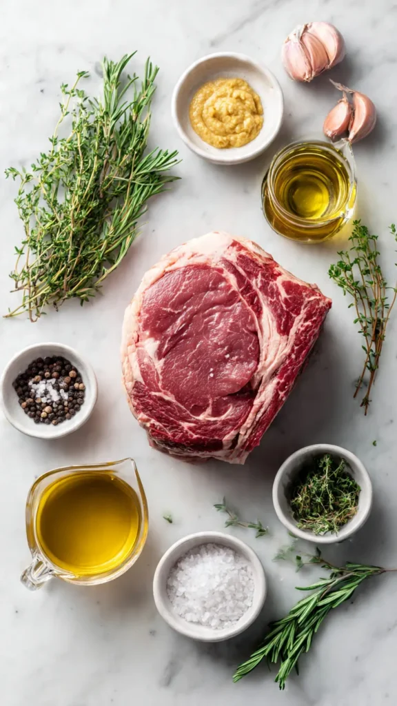 Prime rib roast ingredients including raw beef, fresh herbs, kosher salt, garlic, and olive oil arranged on marble countertop