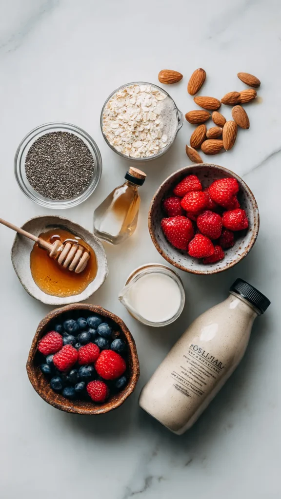 All the simple ingredients needed to make high-protein chia pudding: chia seeds, vanilla protein powder, unsweetened almond milk, maple syrup, vanilla extract, and fresh berries for topping