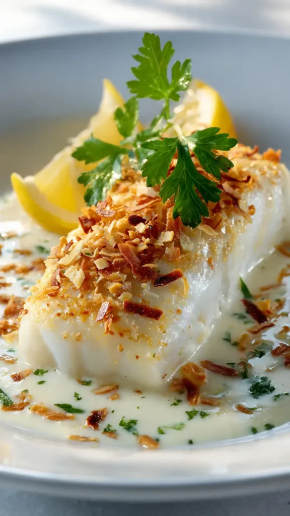 Creamy lemon coconut baked cod on white plate garnished with toasted coconut and fresh parsley