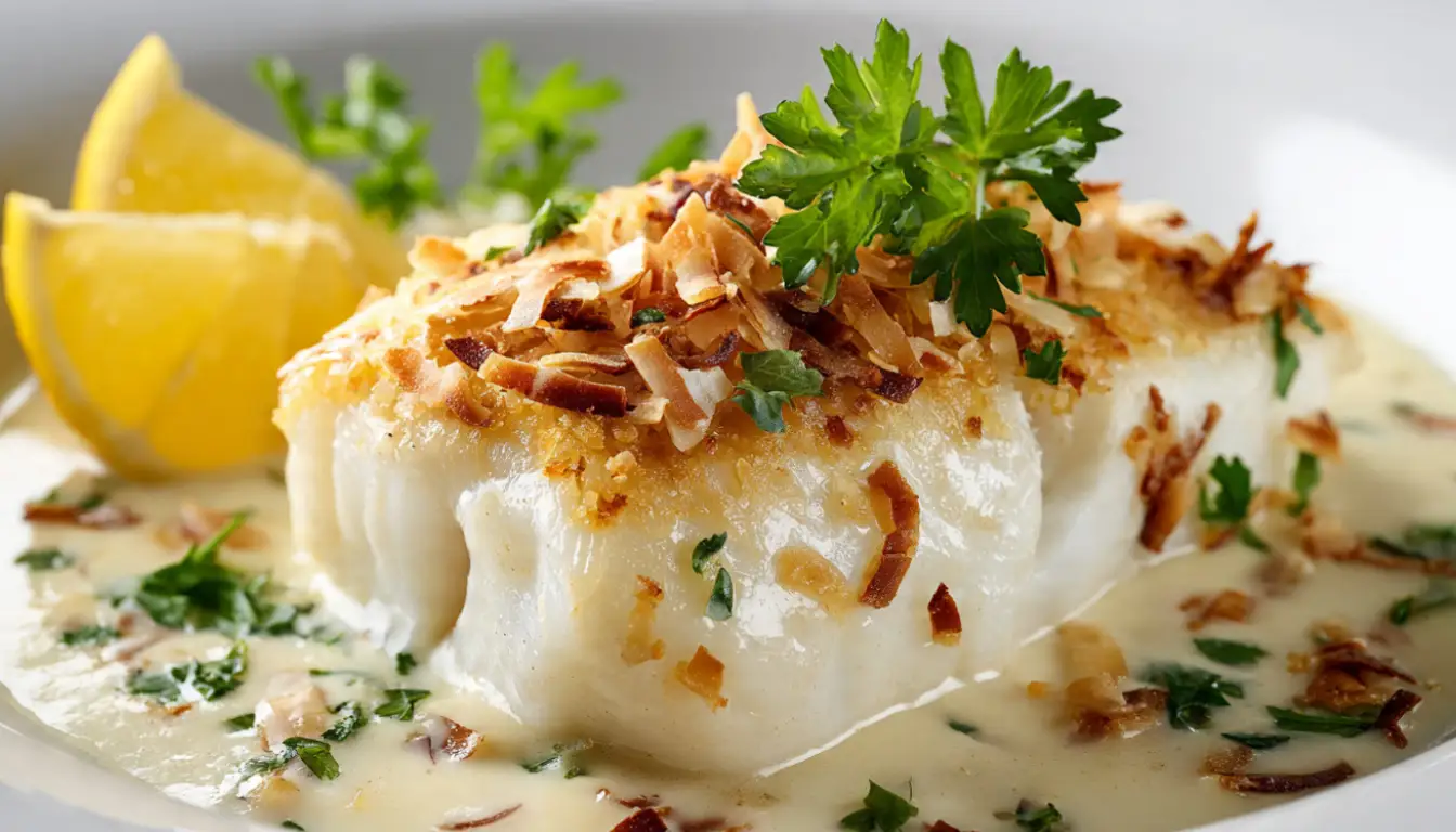 Creamy lemon coconut baked cod on white plate garnished with toasted coconut and fresh parsley