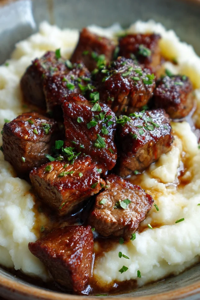 Garlic butter steak bites with creamy mashed potatoes on white plate with fresh parsley garnish