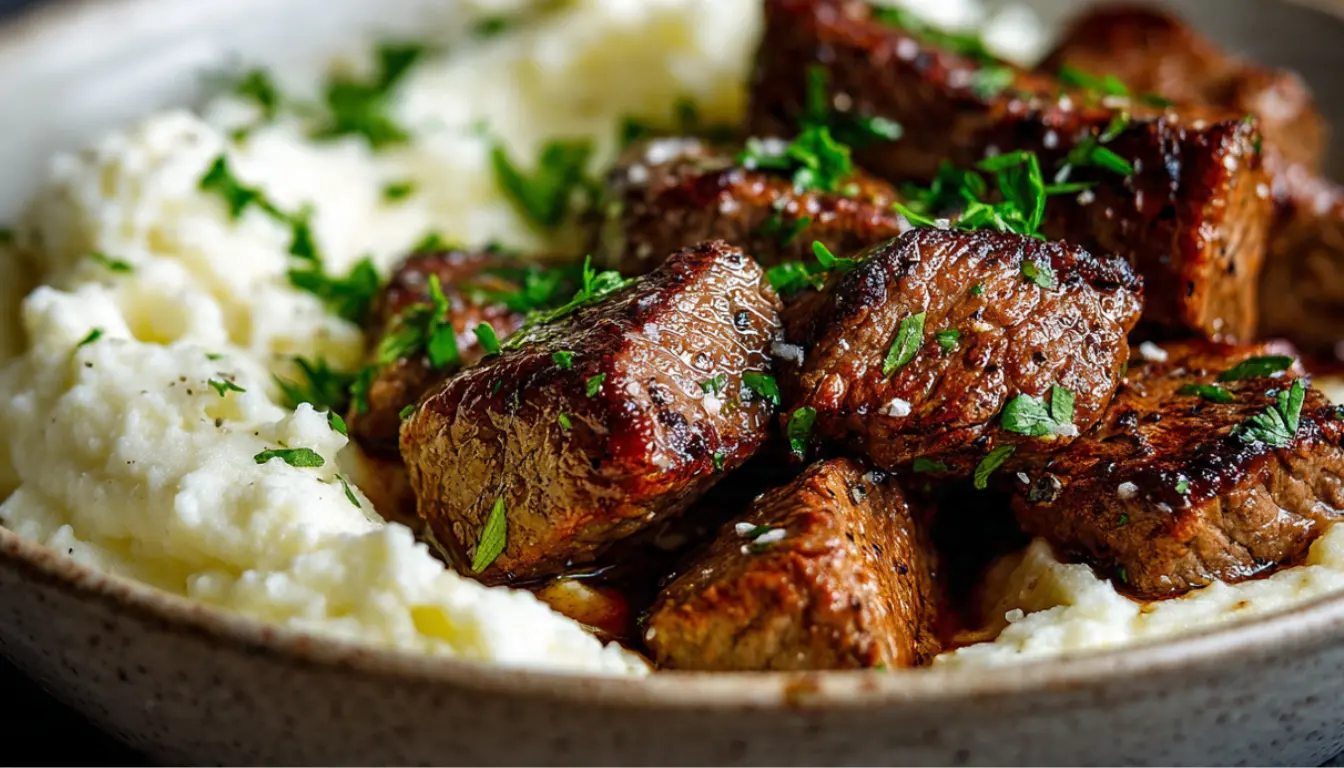 Garlic butter steak bites with creamy mashed potatoes on white plate with fresh parsley garnish