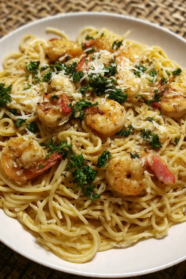Garlic shrimp pasta with linguine in garlic butter sauce topped with succulent pink shrimp and fresh parsley