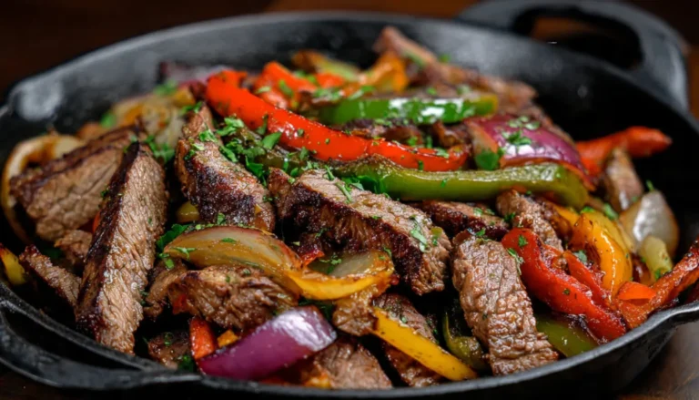 Sizzling steak fajitas in cast iron skillet with colorful peppers, onions, and tortillas on wooden table