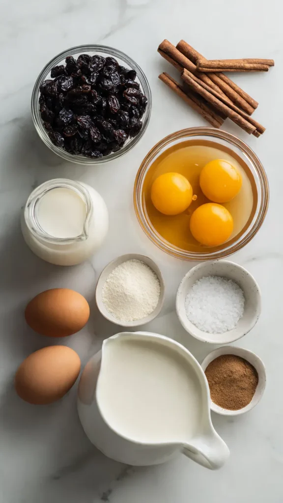 All ingredients for homemade rum raisin ice cream including dark rum, raisins, heavy cream, egg yolks, and vanilla