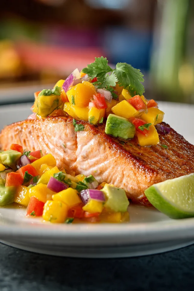 Grilled salmon fillet topped with fresh mango salsa, avocado, and cilantro on white plate with lime wedges