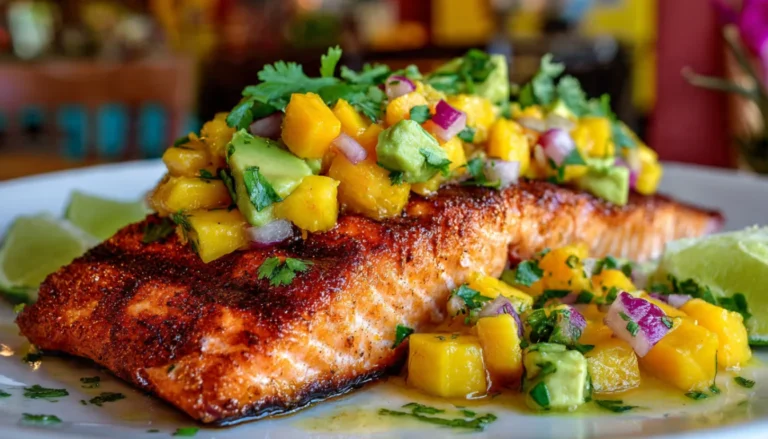 Grilled salmon fillet topped with fresh mango salsa, avocado, and cilantro on white plate with lime wedges