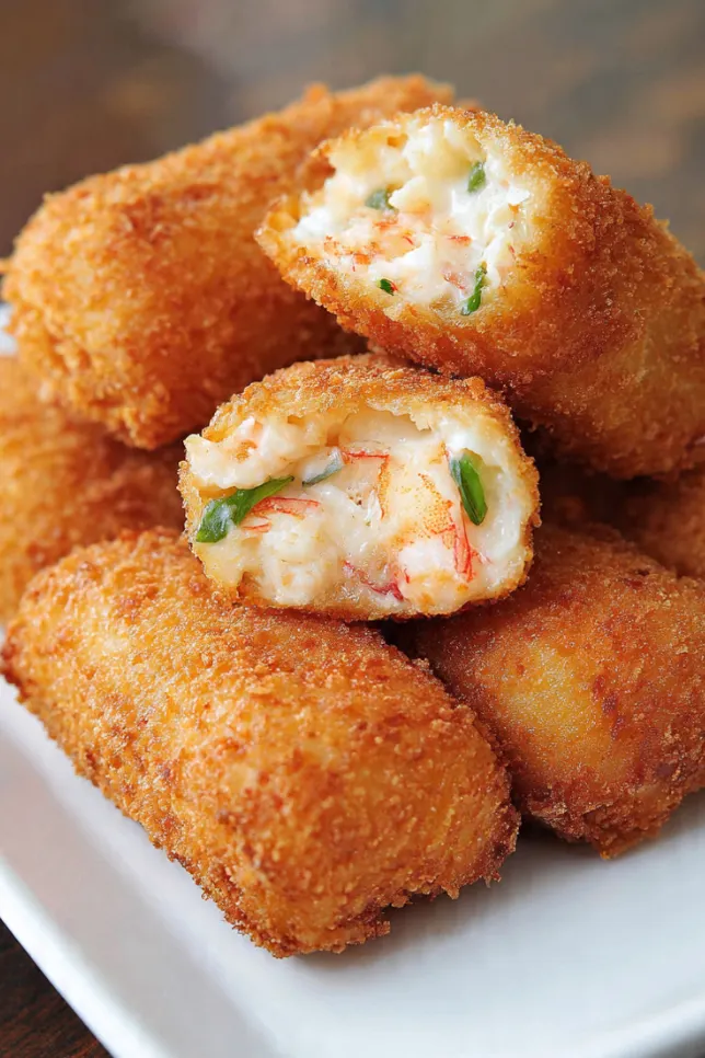 Crispy golden shrimp and crab cheese rolls on white plate with one cut open showing creamy seafood filling