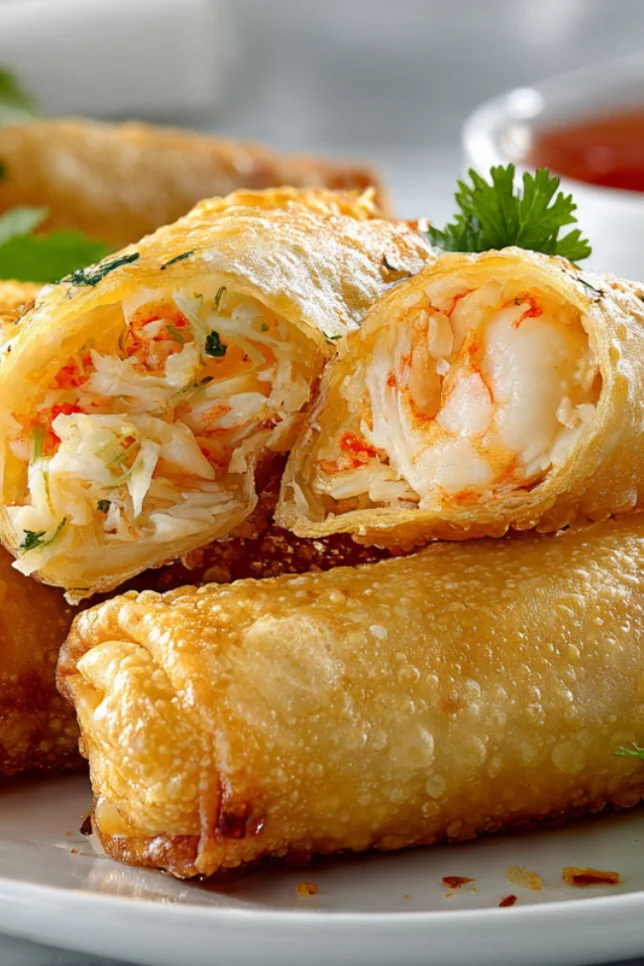 Crispy golden shrimp and crab cheese rolls on white plate with one cut open showing creamy seafood filling