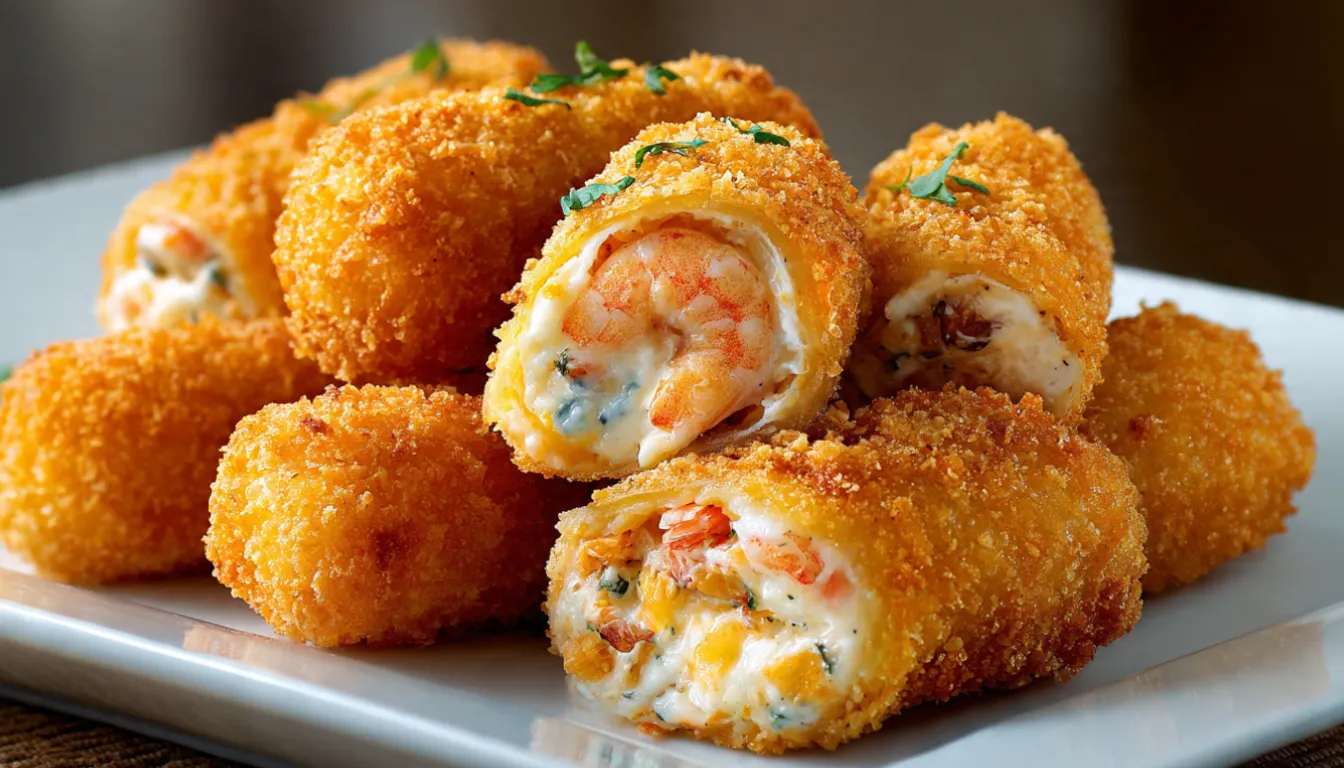 Crispy golden shrimp and crab cheese rolls on white plate with one cut open showing creamy seafood filling