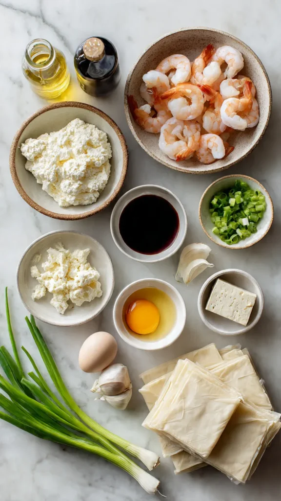Overhead view of fresh ingredients for shrimp crab cheese rolls including cream cheese, shrimp, crabmeat, and egg roll wrappers