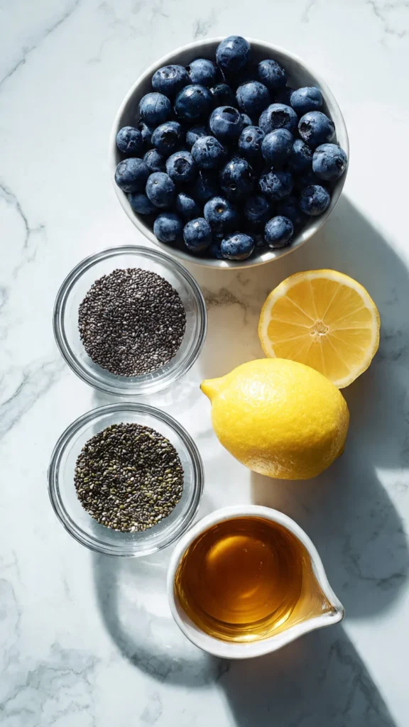 All you need to make healthy blueberry chia seed jam: fresh or frozen blueberries, chia seeds, honey or maple syrup, and fresh lemon juice.
