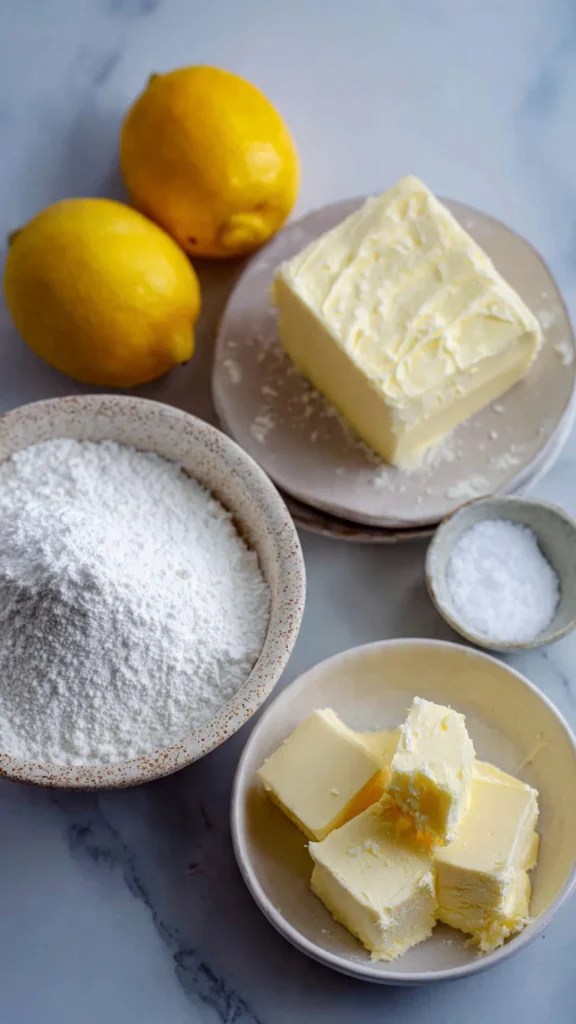 Four ingredients for lemon cream cheese dump cake: cake mix, cream cheese, butter, and lemon pie filling