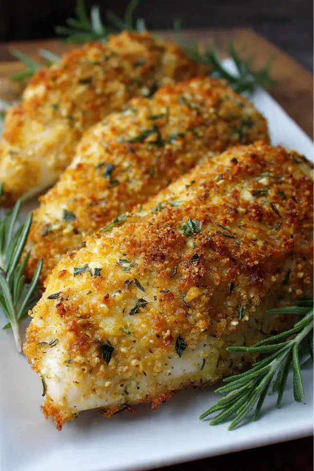 Golden baked ranch chicken breast with crispy Parmesan coating on white plate with roasted vegetables