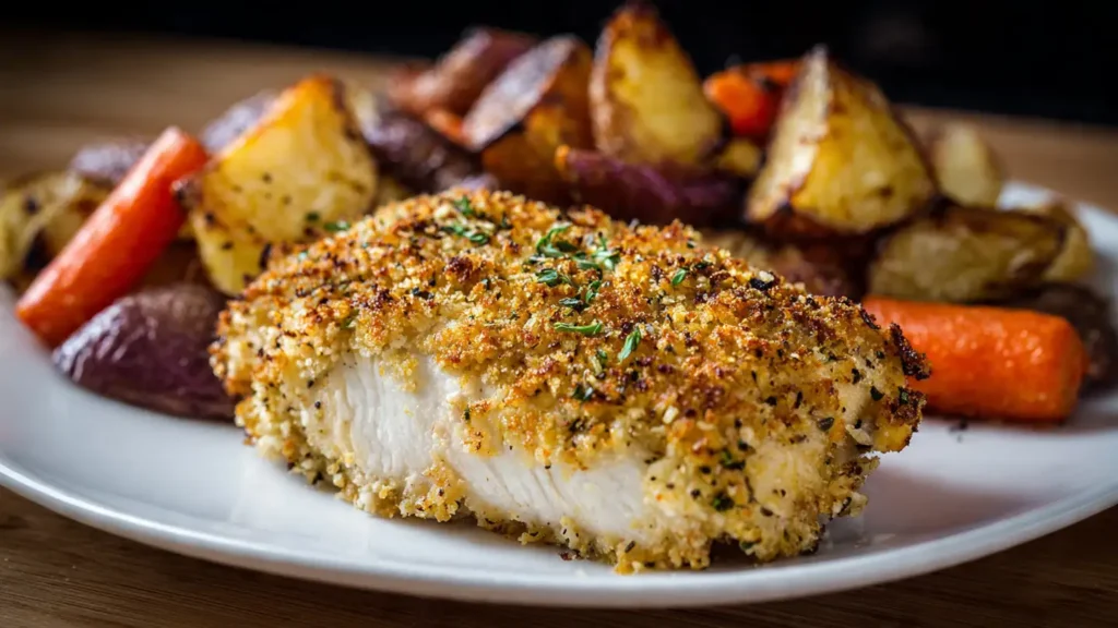 Golden baked ranch chicken breast with crispy Parmesan coating on white plate with roasted vegetables