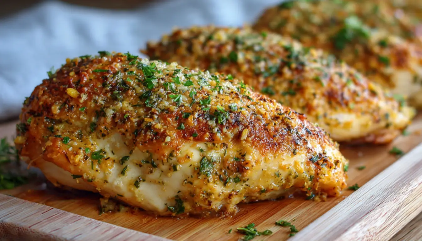 Golden baked ranch chicken breast with crispy Parmesan coating on white plate with roasted vegetables