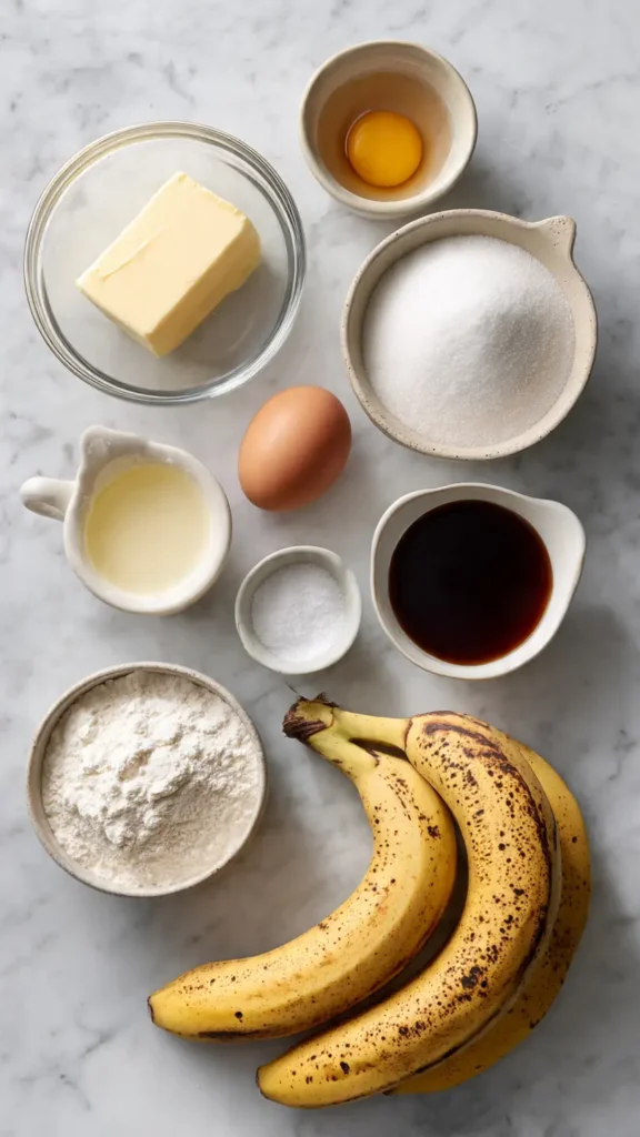 Classic banana bread ingredients arranged on marble counter including ripe bananas, butter, sugar, egg, flour and baking soda