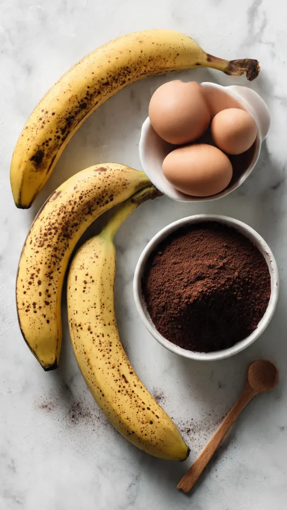 All you need to make this healthy chocolate cake: 3 ripe bananas, 3 eggs, and 1/3 cup unsweetened cocoa powder. No flour, butter, or refined sugar required for this easy gluten-free dessert