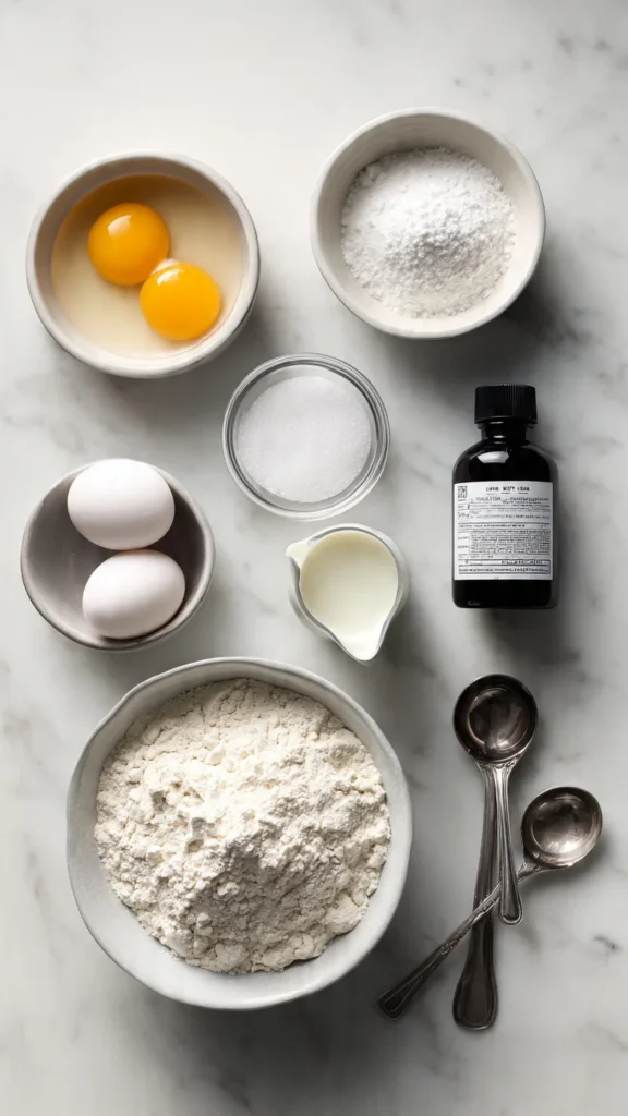 Cloud cake ingredients including eggs, flour, sugar, milk, and vanilla arranged on marble countertop