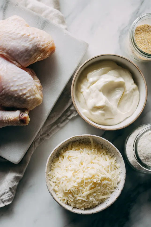 Four ingredients for melt-in-your-mouth chicken: chicken breasts, mayonnaise, parmesan cheese, and garlic powder
