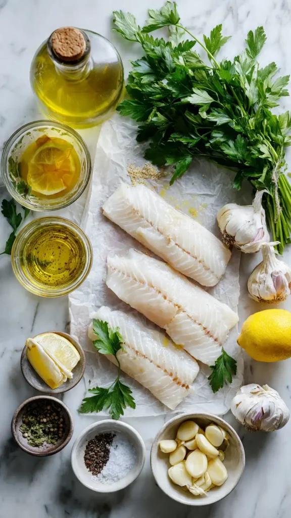 Fresh ingredients for garlic butter fish including white fish fillets, butter, garlic, lemon, and parsley arranged on marble counter