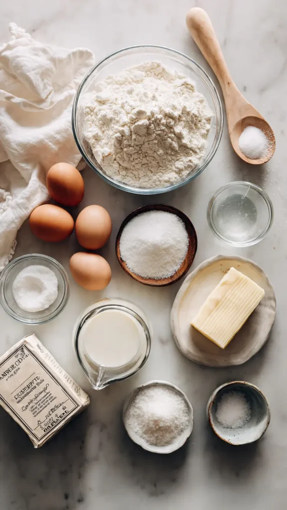 Essential ingredients for homemade cake including flour, sugar, butter, eggs, milk, vanilla extract, and baking powder arranged on marble counter