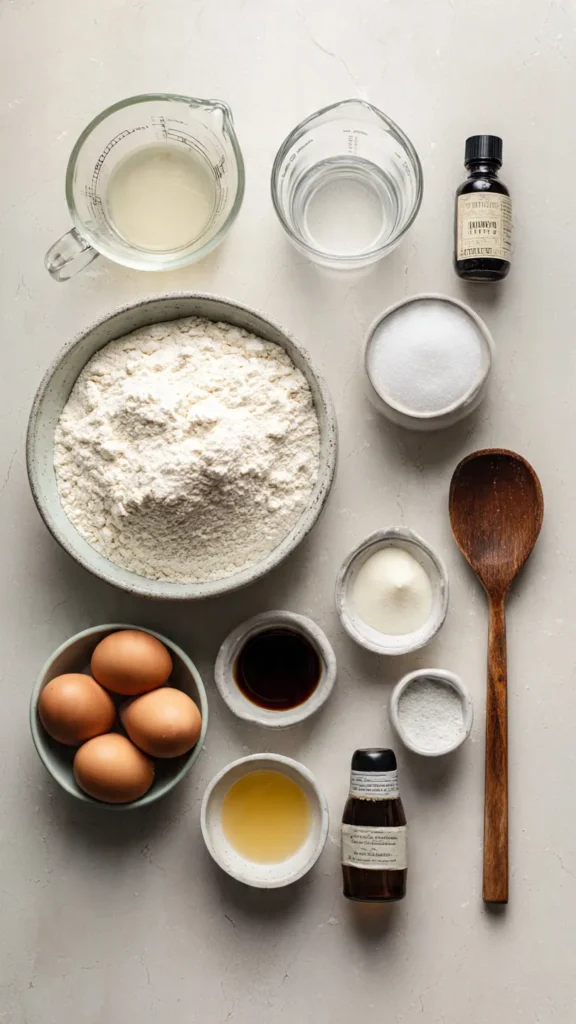 All the basic ingredients needed to make fluffy waffles without milk - just flour, eggs, water, oil, sugar, baking powder, and vanilla extract