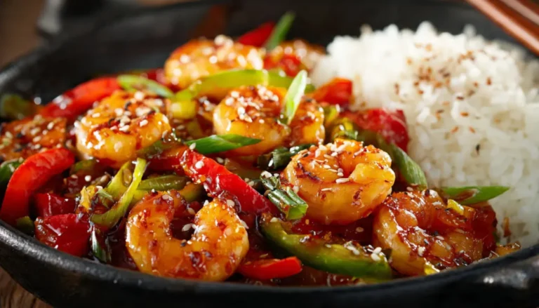 Sizzling shrimp stir-fry with red and green bell peppers in glossy sauce served over white rice in black bowl