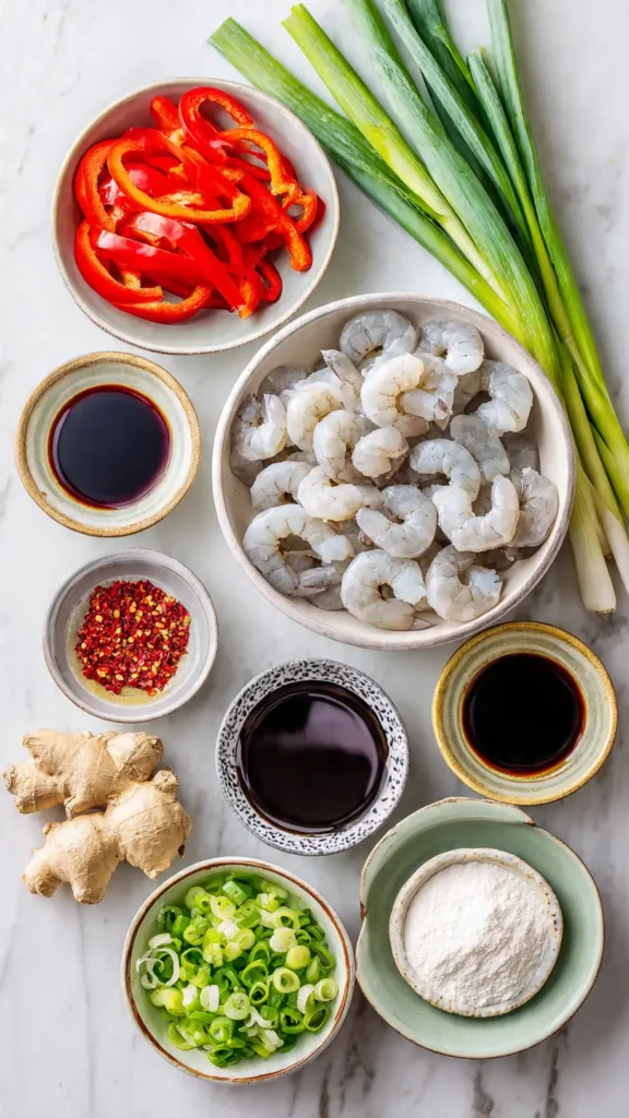 Fresh ingredients for sizzling shrimp recipe including raw shrimp, bell peppers, soy sauce, oyster sauce, garlic, ginger, and Asian seasonings arranged on white countertop