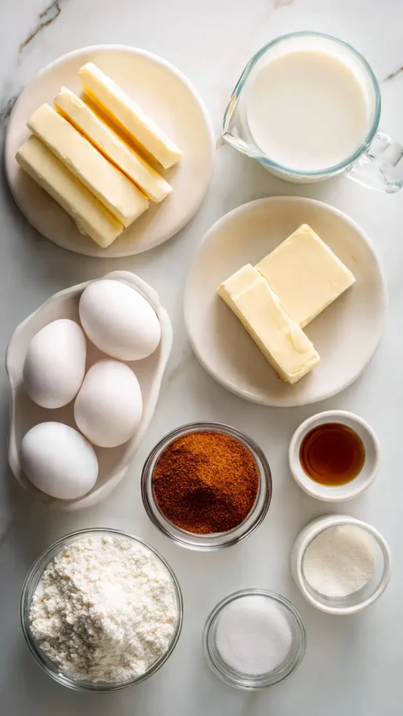 Pound cake ingredients including Slap Ya Mama seasoning, butter, eggs, flour and sugar on marble counter