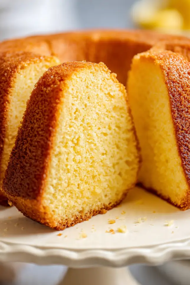 Golden Slap Ya Mama pound cake on white cake stand with sliced pieces showing moist tender crumb