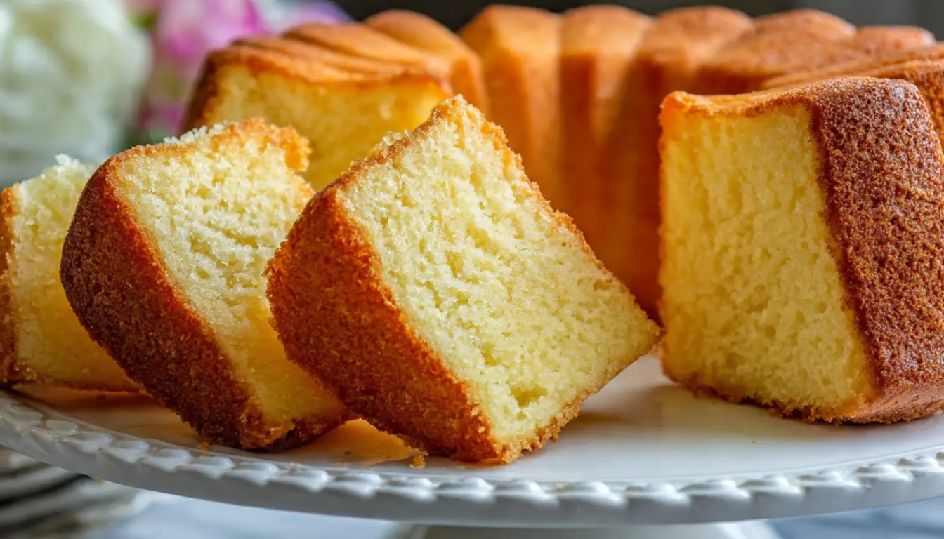 Golden Slap Ya Mama pound cake on white cake stand with sliced pieces showing moist tender crumb