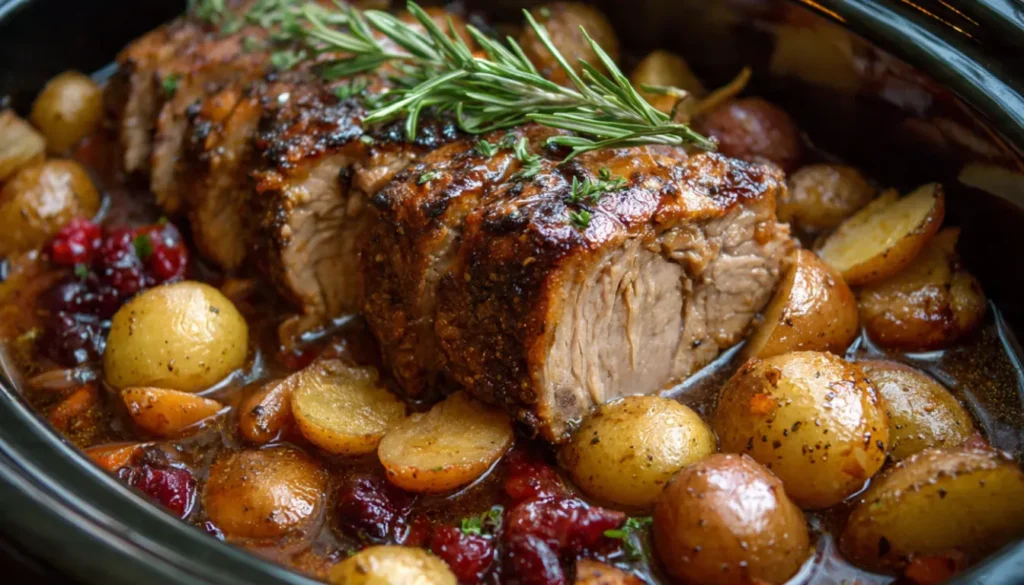Shredded slow cooker apple cider pork with glossy glaze and caramelized apples on a white plate