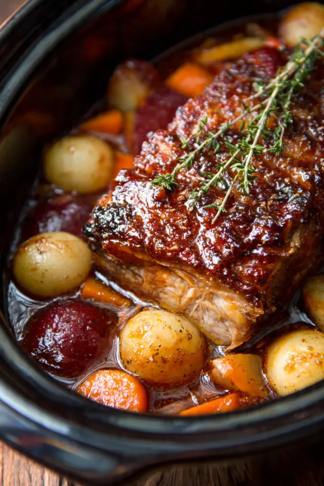 Shredded slow cooker apple cider pork with glossy glaze and caramelized apples on a white plate