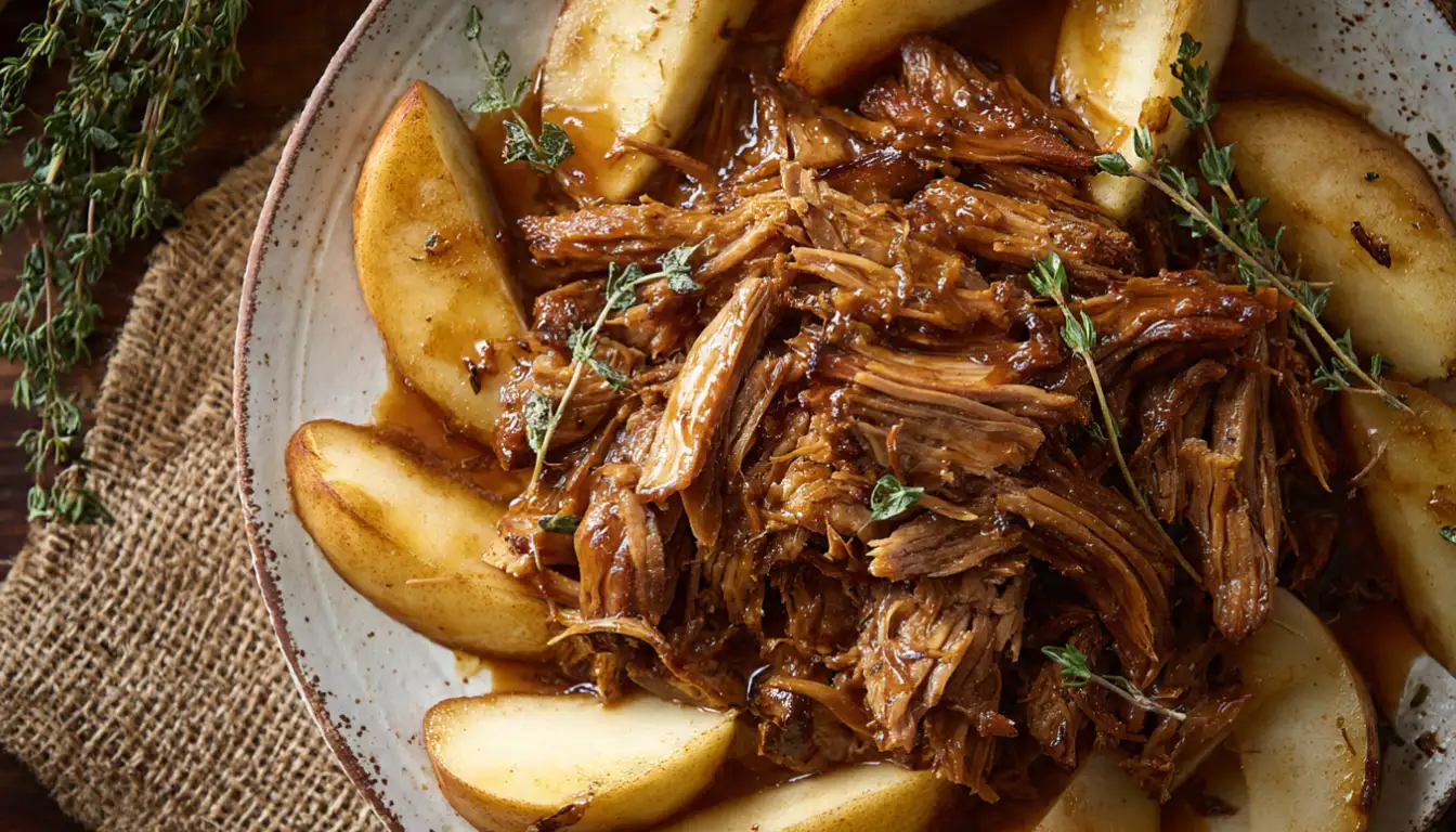 Shredded slow cooker apple cider pork with glossy glaze and caramelized apples on a white plate
