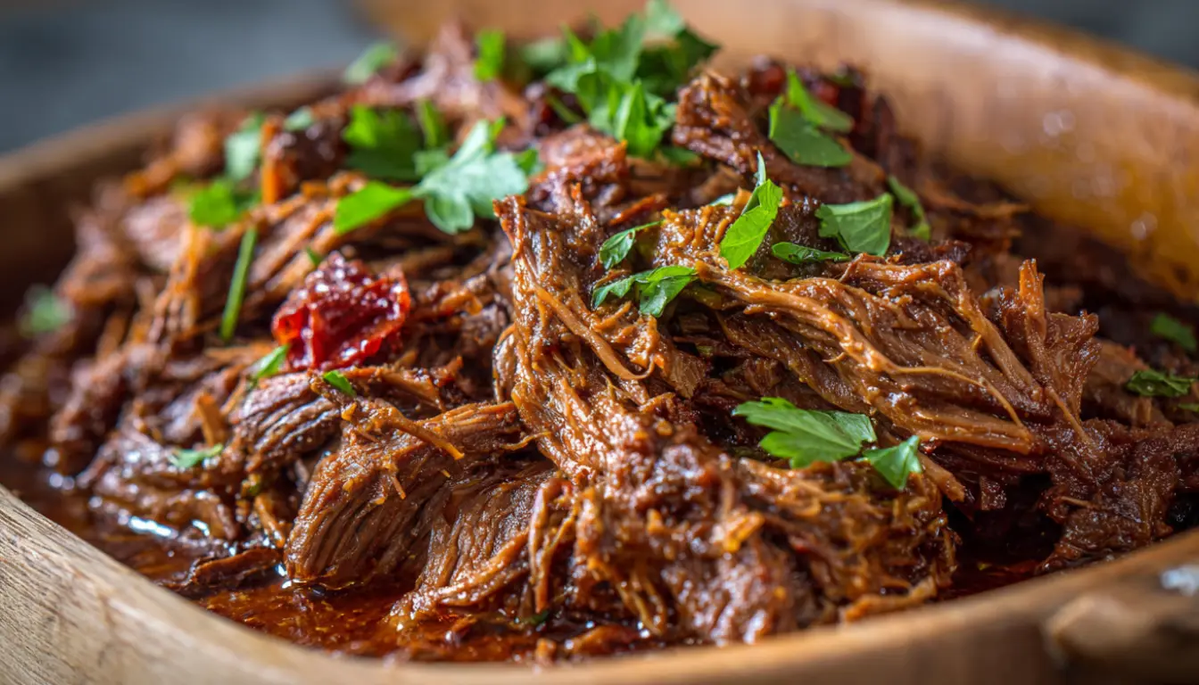 Slow cooker apple cider pulled beef piled on white platter with toasted buns and coleslaw in background