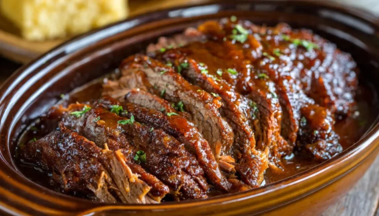 Tender sliced BBQ brisket on wooden cutting board with glossy sauce glaze and herbs
