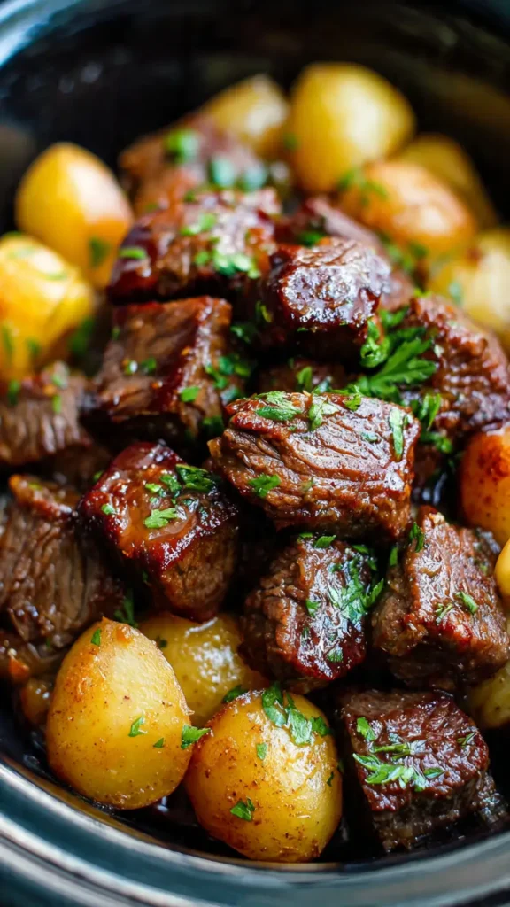 Tender beef bites and golden baby potatoes in garlic butter sauce in white slow cooker with fresh parsley garnish