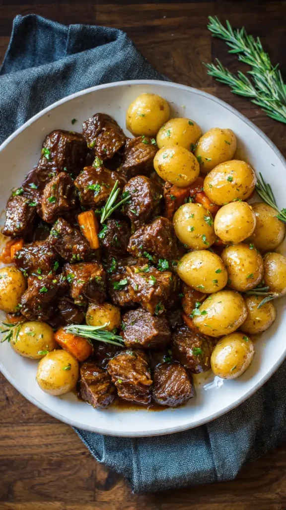 Tender beef bites and golden baby potatoes in garlic butter sauce in white slow cooker with fresh parsley garnish