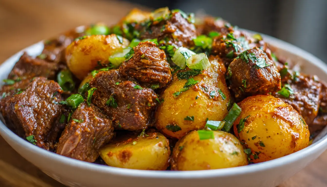 Tender beef bites and golden baby potatoes in garlic butter sauce in white slow cooker with fresh parsley garnish