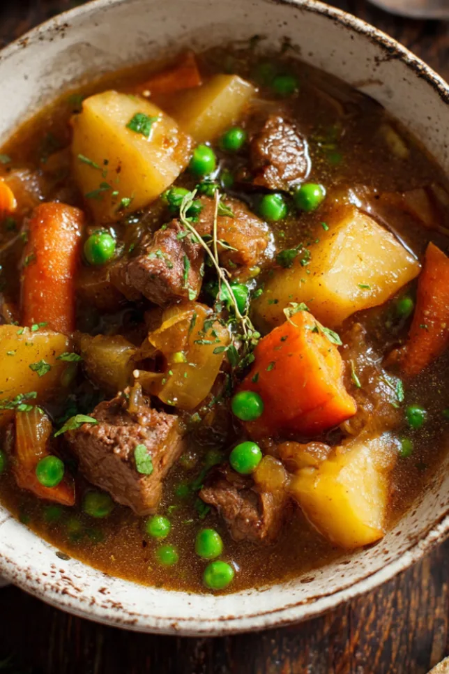 Bowl of slow cooker poor man's stew with ground beef, potatoes, and carrots on wooden table