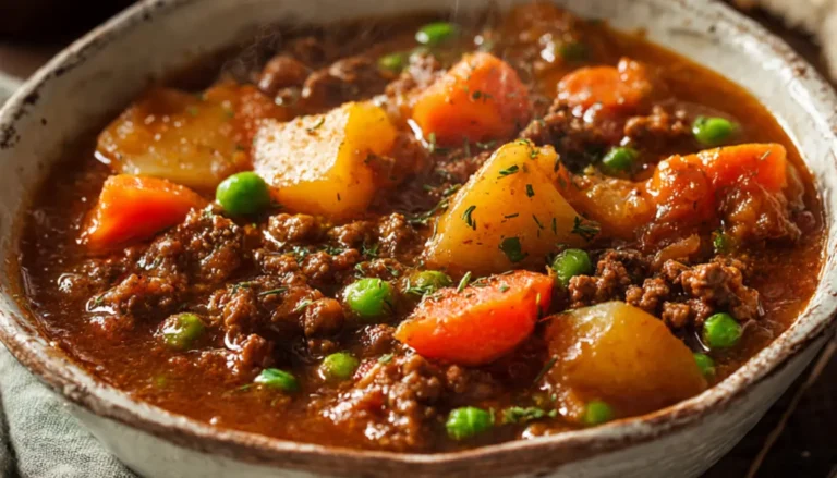 Bowl of slow cooker poor man's stew with ground beef, potatoes, and carrots on wooden table
