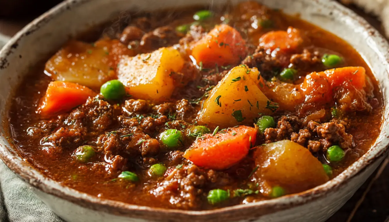 Bowl of slow cooker poor man's stew with ground beef, potatoes, and carrots on wooden table