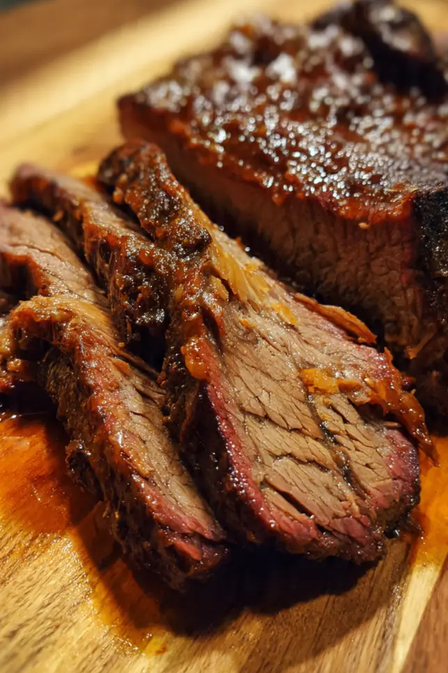 Sliced slow cooker Texas smoked beef brisket with dark bark crust on wooden cutting board with slow cooker in background