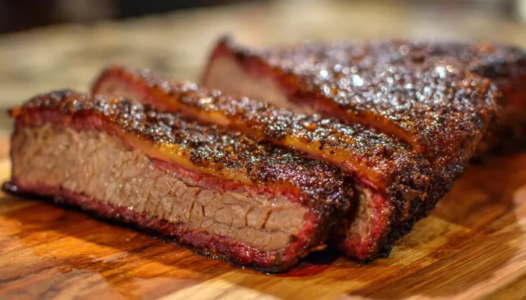 Sliced slow cooker Texas smoked beef brisket with dark bark crust on wooden cutting board with slow cooker in background