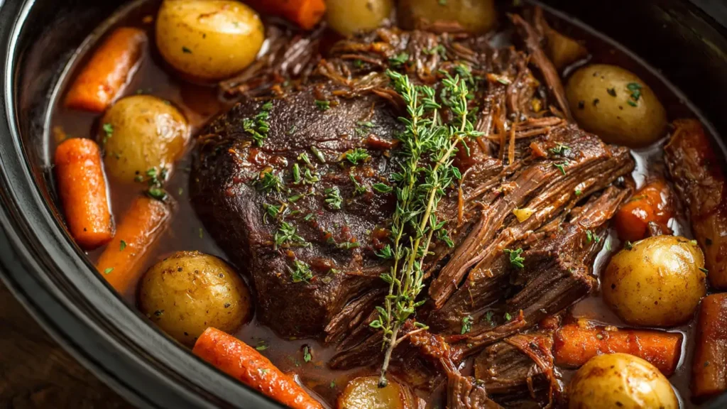 Tender slow cooker pot roast with three envelope seasoning, sliced on white platter with roasted vegetables and gravy