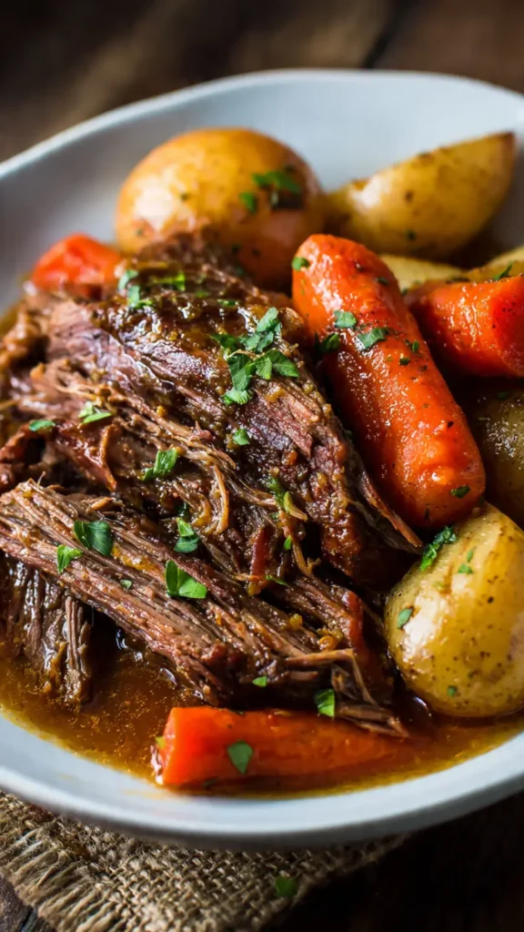 Tender slow cooker pot roast with three envelope seasoning, sliced on white platter with roasted vegetables and gravy